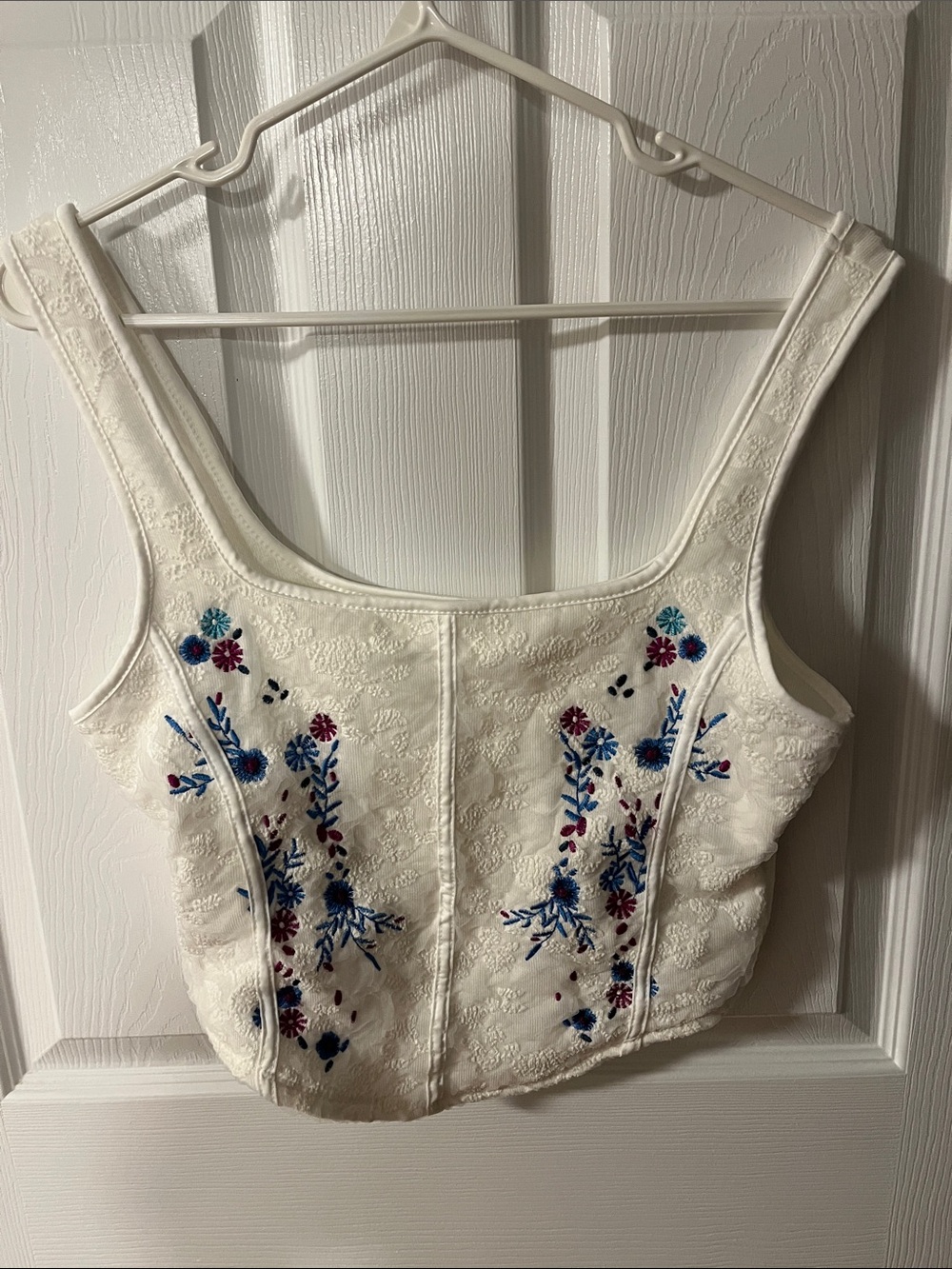Ivory Floral Embroidered Square-Neck Crop Top